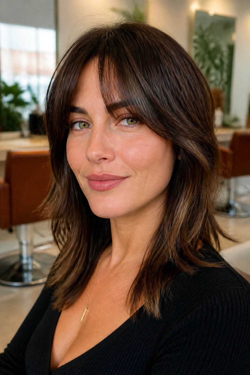 Close-up of a person planning a haircut in a salon-like setting
