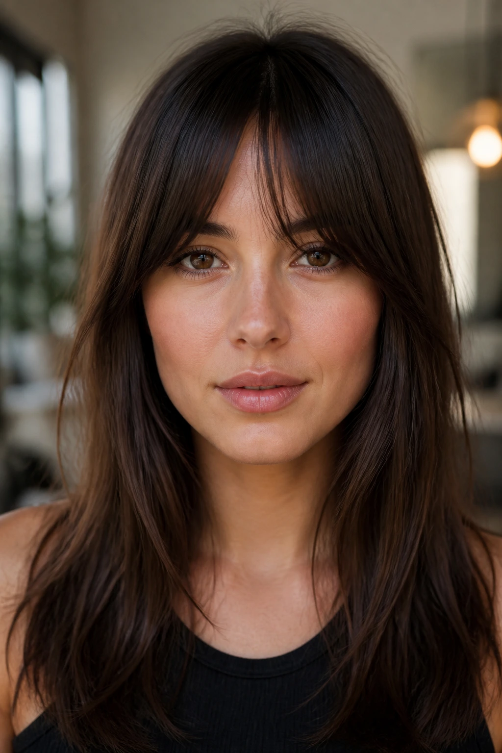 Real person wearing bottleneck bangs with a tapered center