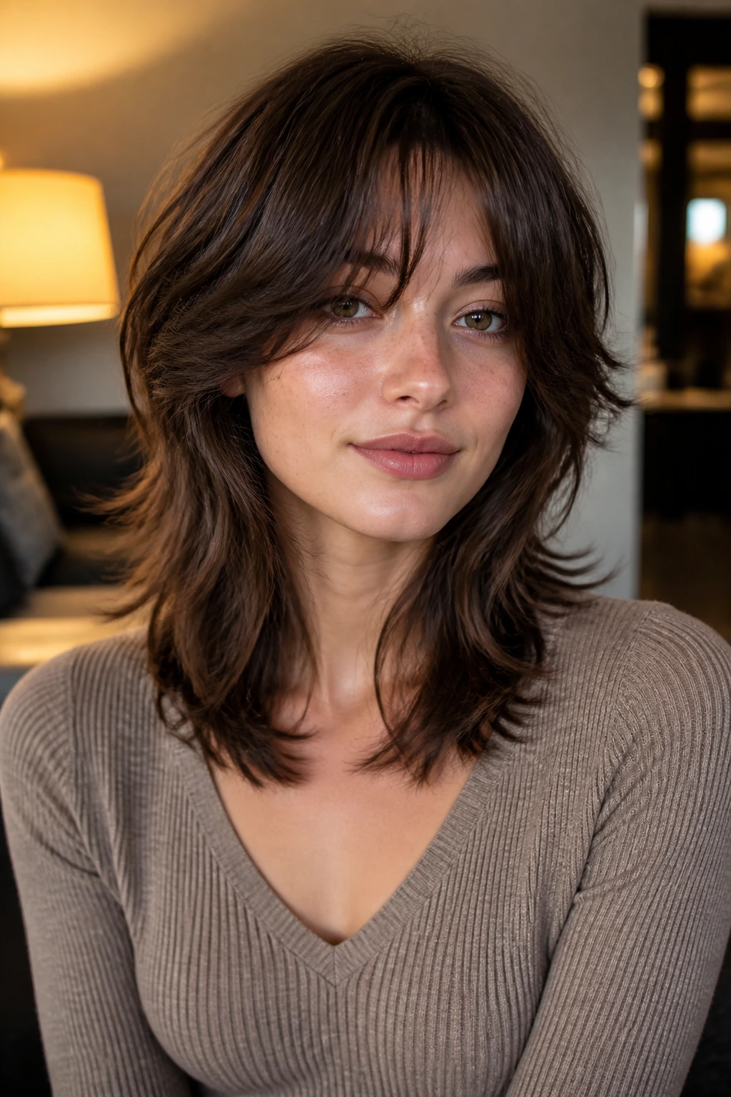 Close-up of real person with bottleneck bangs and tapered layers in cozy living room