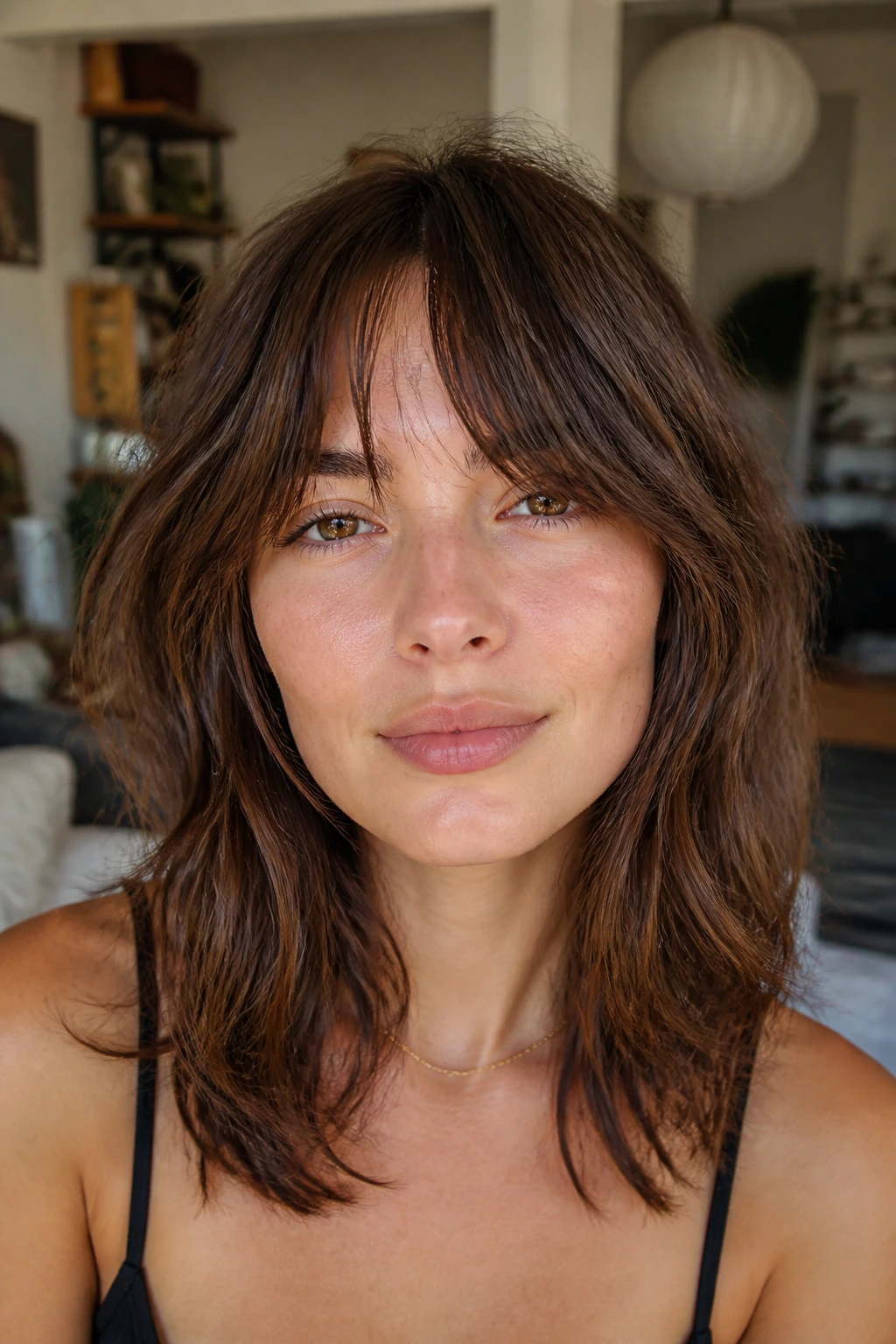 Woman with bottleneck bangs and air-dry texture in a cozy room