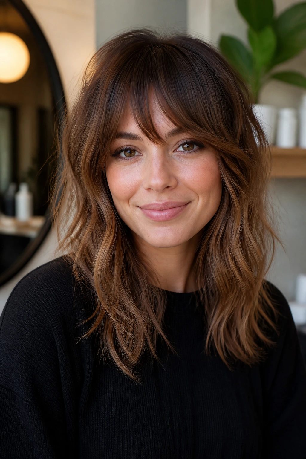 Portrait of a real woman with bottleneck bangs on wavy hair, demonstrating texture-friendly fringe