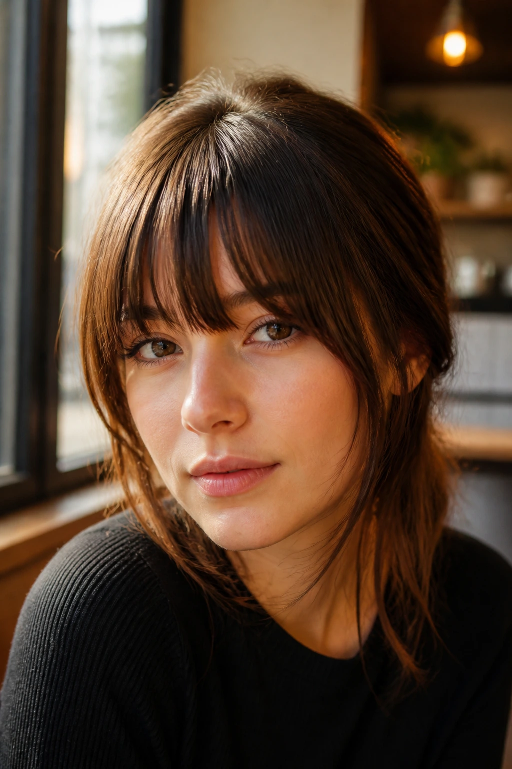 Real woman with thick bottleneck bangs featuring internal texturizing