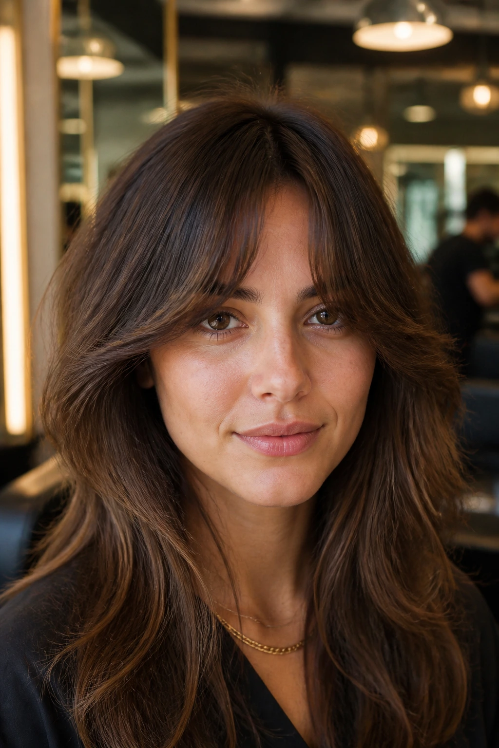 Portrait of a person with bottleneck bangs on thick hair