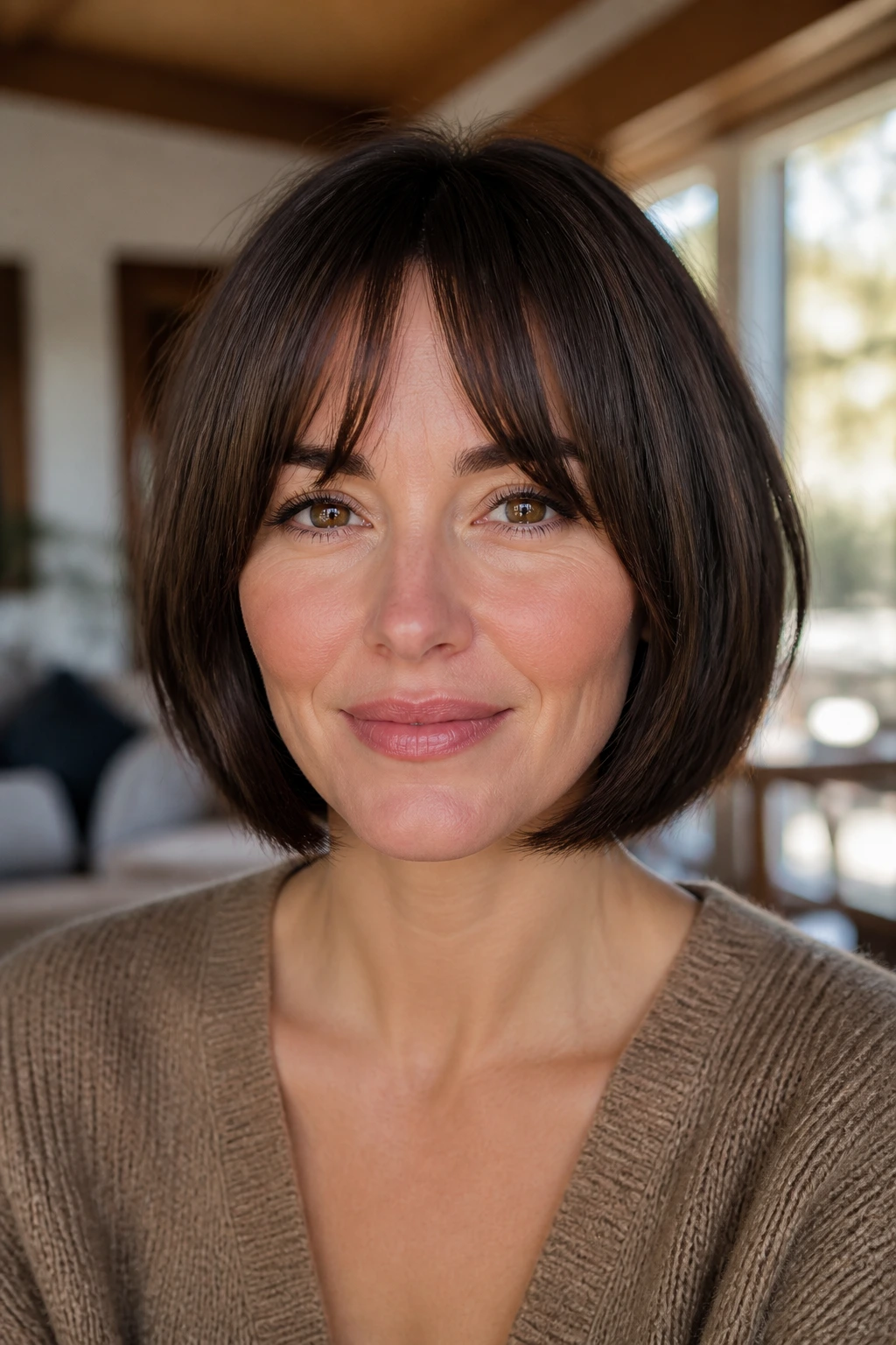 Close-up portrait of a real woman with bottleneck bangs in a bob