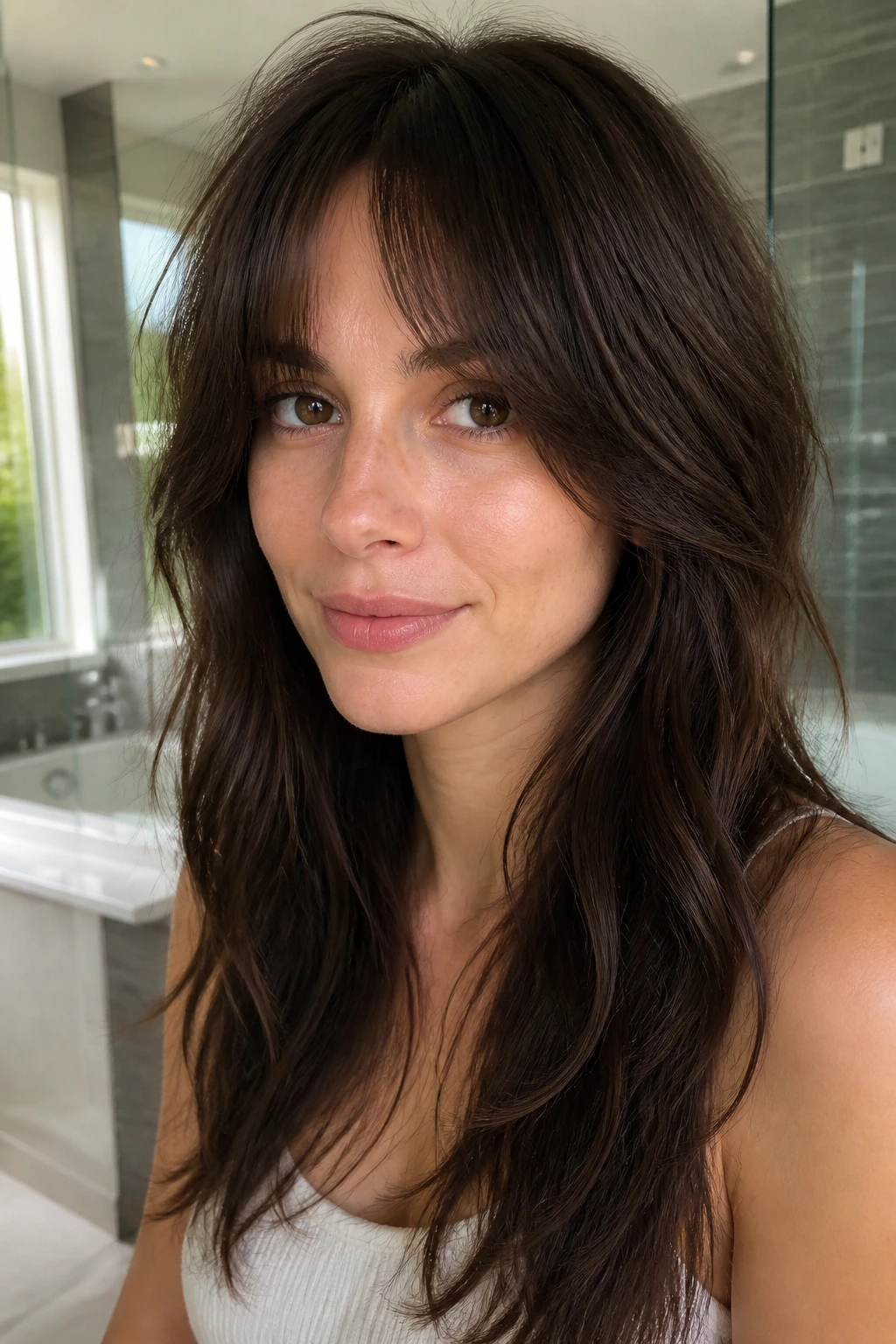 Close-up portrait of a real person with thick hair and bottleneck bangs showing softening.