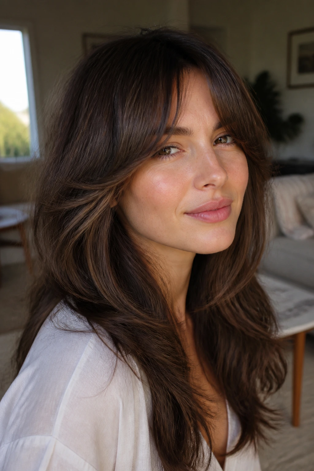 Close-up portrait of a real woman with bottleneck bangs