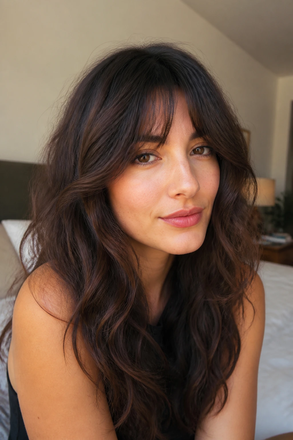 Close-up of a real woman with bottleneck bangs on thick, wavy hair