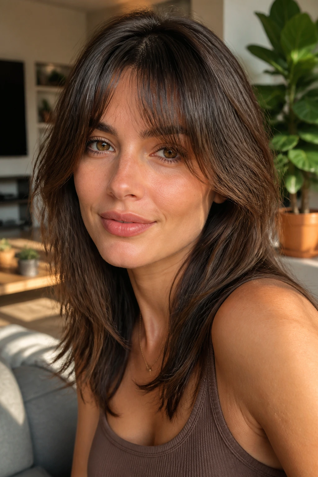Close-up portrait of a real person with transition-to-curtain bottleneck bangs.
