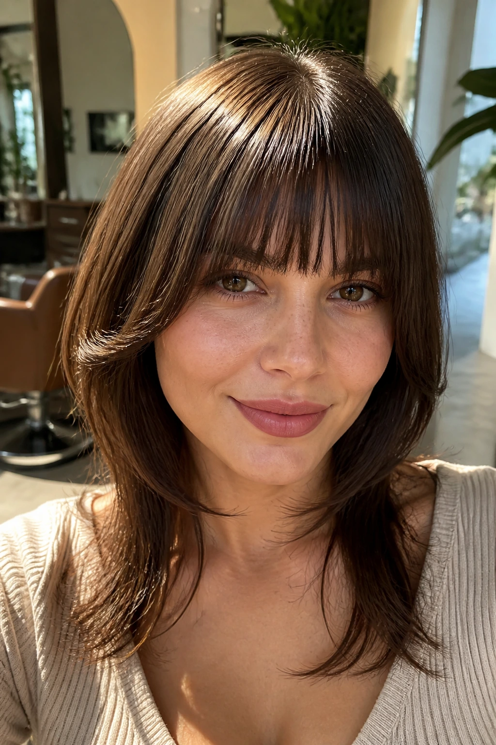 Close-up of bottleneck bangs on a real person in a sunlit salon