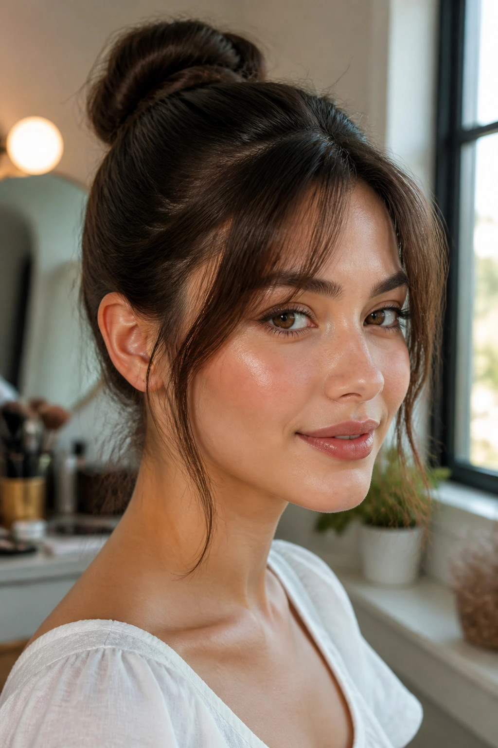 Close-up portrait of a real woman with bottleneck bangs visible in an updo