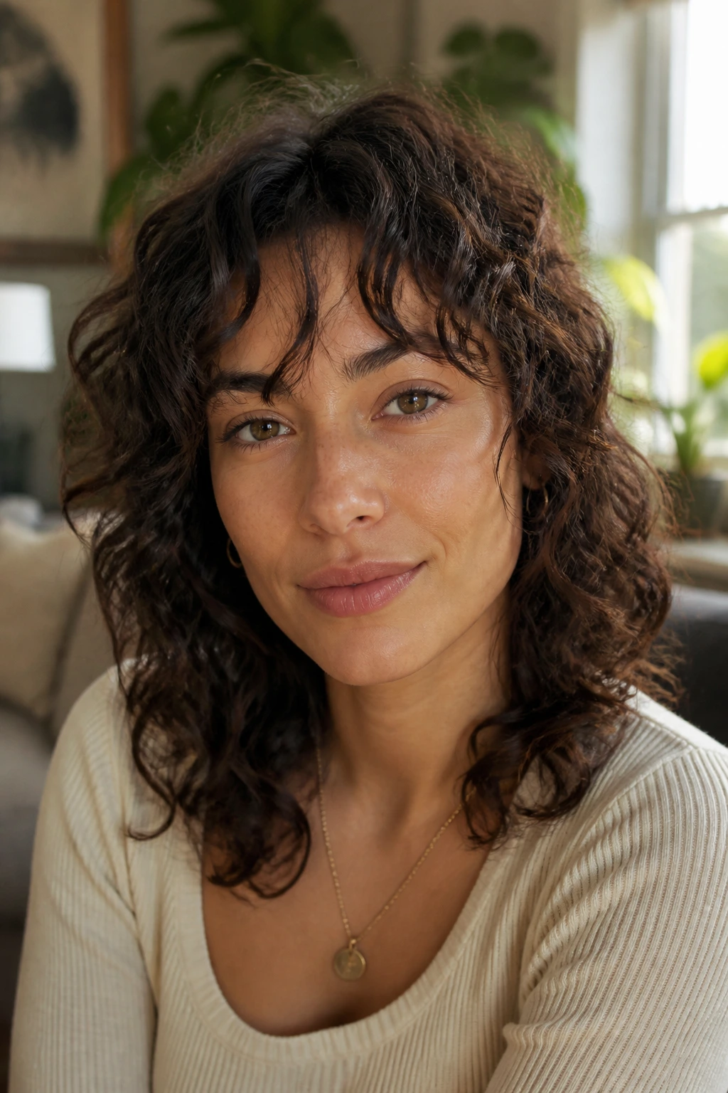 Portrait of a woman with a softer bottleneck fringe and longer center