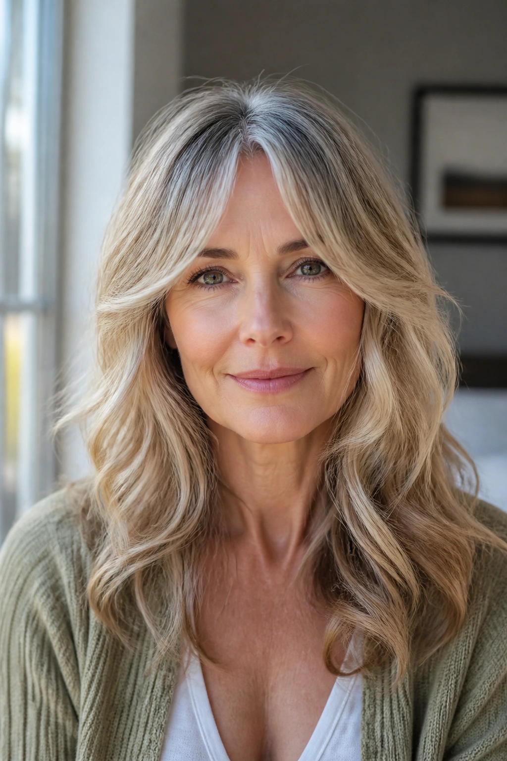 Portrait of woman with bottleneck bangs and soft waves