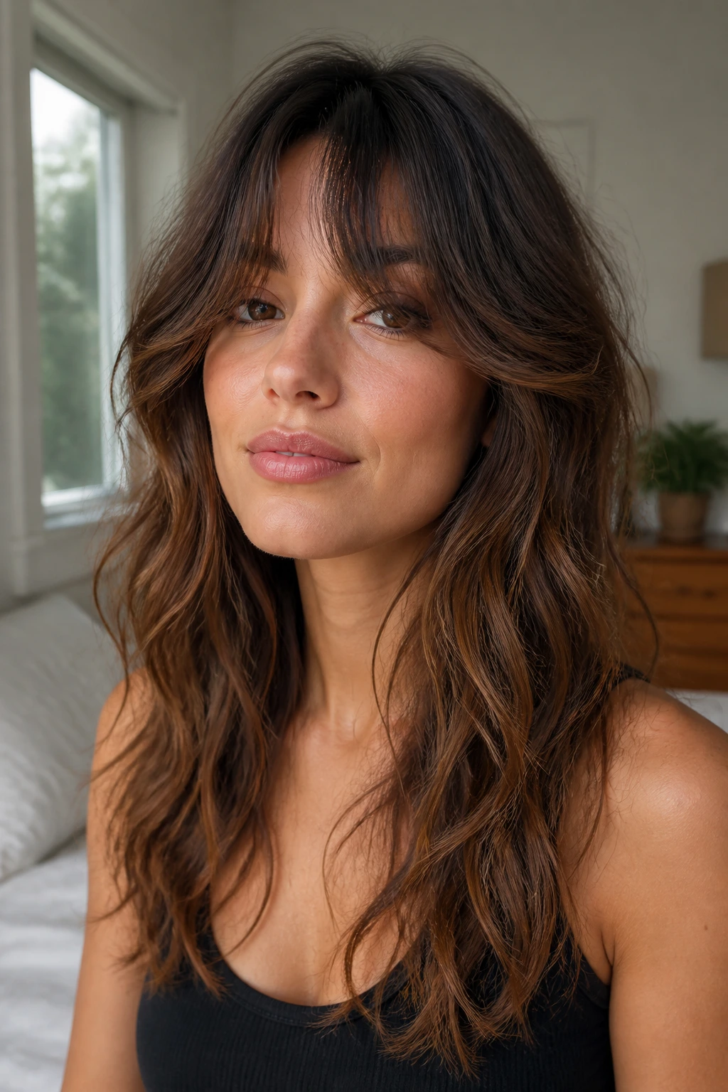 Close-up portrait of bottleneck bangs on a real woman with wavy hair