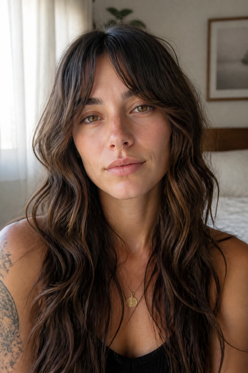 Front portrait of a real woman with bottleneck bangs and long wavy hair