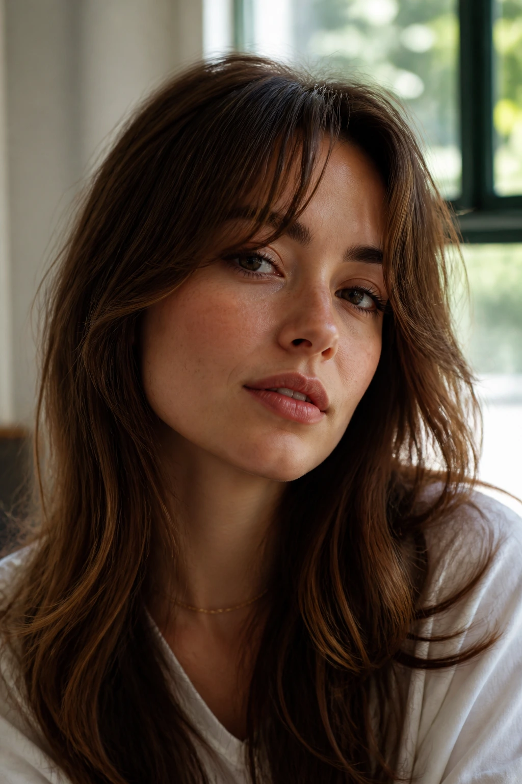 Woman with soft bottleneck bangs wearing them naturally