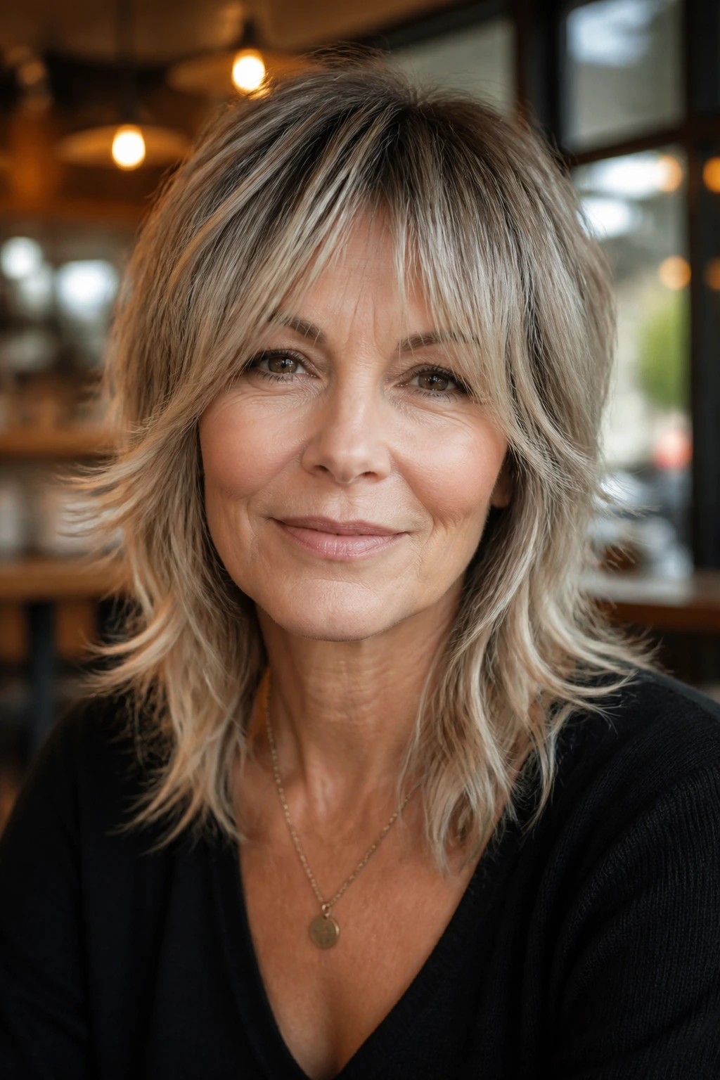 Real woman with bottleneck bangs integrated into a wolf cut, forehead softened by tapered bangs