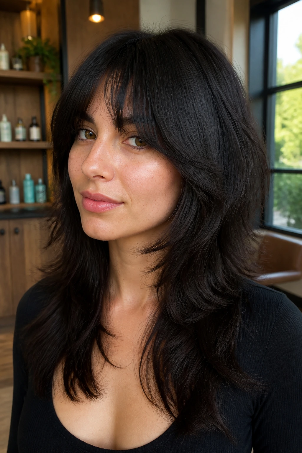Close-up portrait of a real woman with a bottleneck bangs wolf cut thick hair framing face