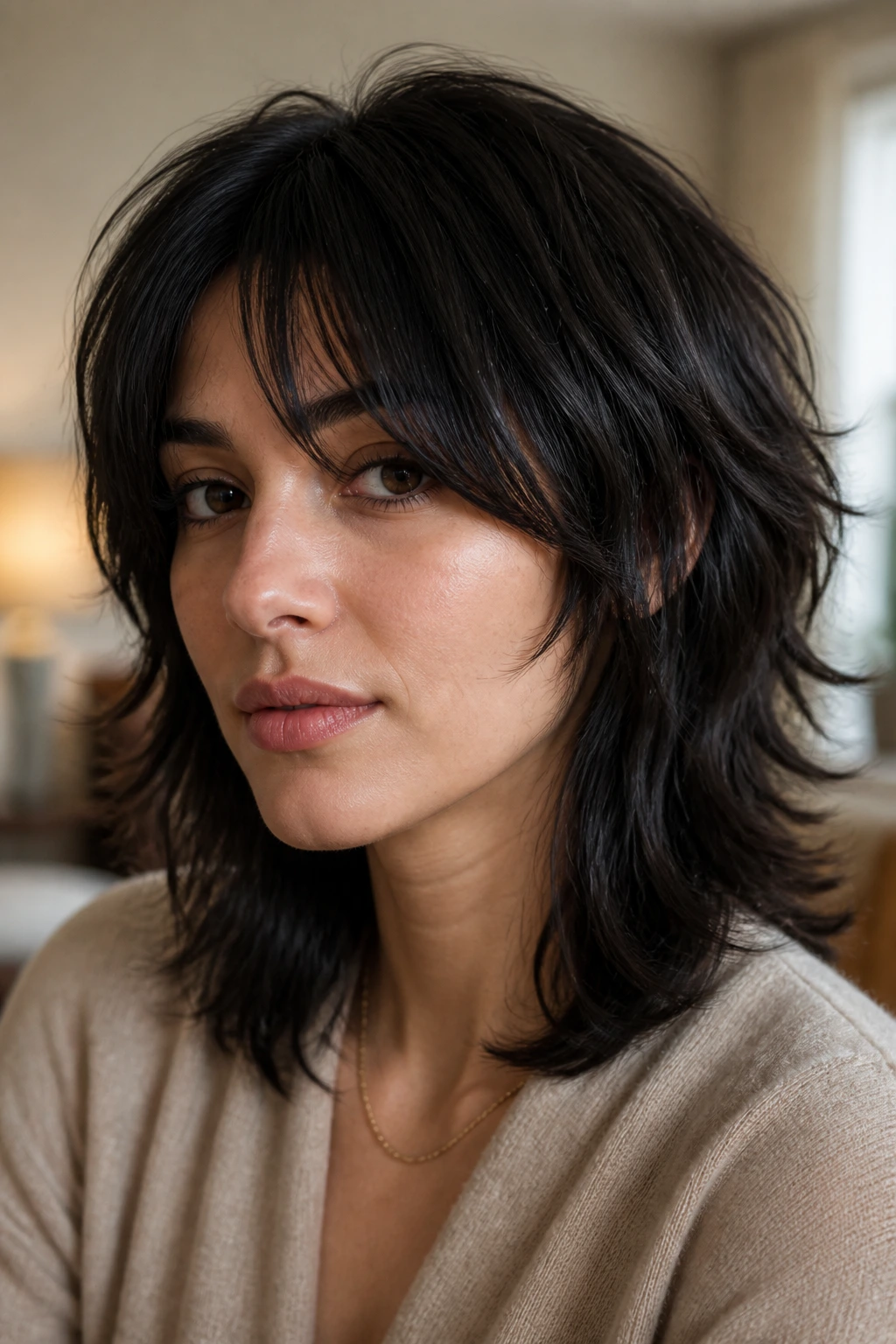 Close-up portrait of a woman with bottleneck bangs in a wolf cut under warm window light