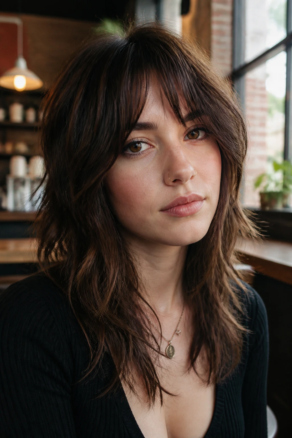Close-up portrait of a real person with bottleneck bangs wolf cut in a warm cafe setting