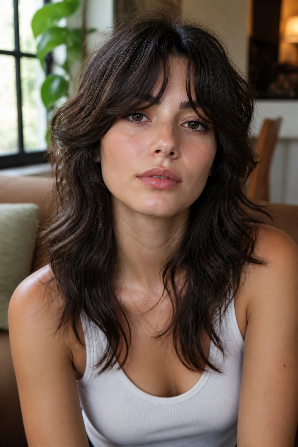 Close-up portrait of a real person with bottleneck bangs wolf cut