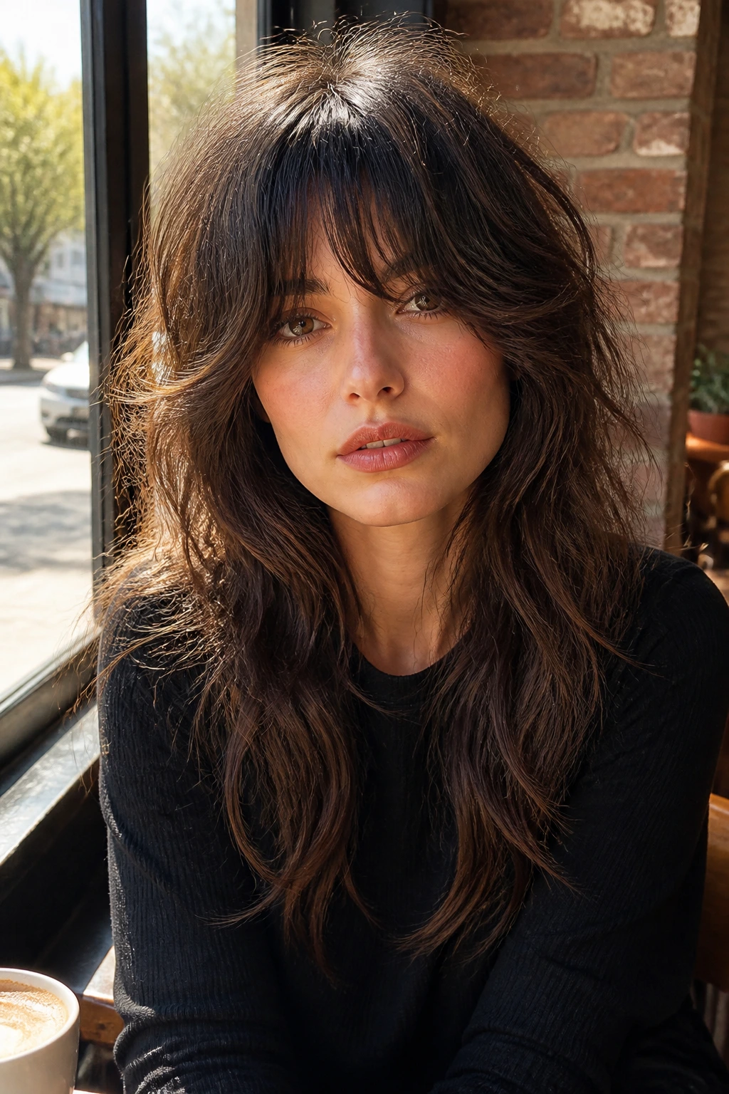 Portrait of a woman with bottleneck bangs in a wolf shag on long wavy hair