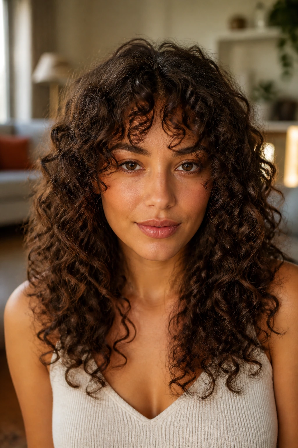 Close-up of a real woman with curly bottleneck bangs and tapered center