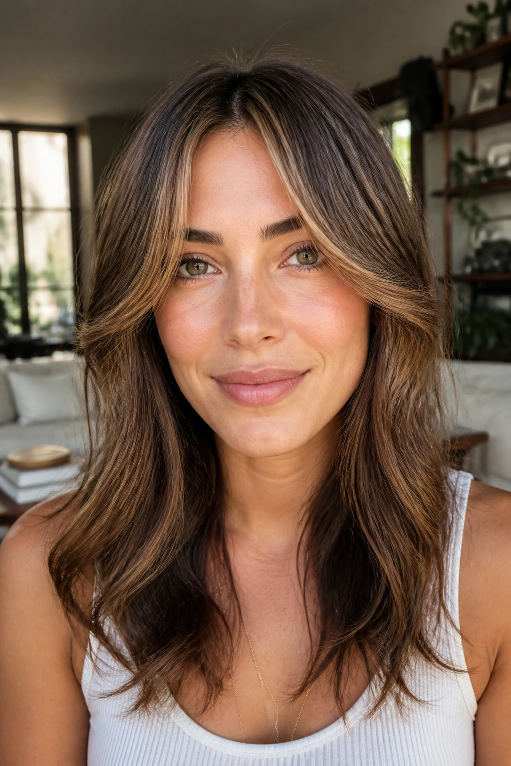 Portrait of a woman with bottleneck curtain bangs