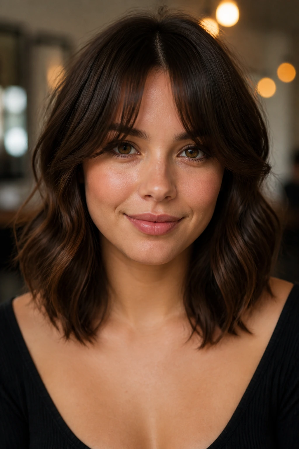 Real woman with bottleneck curtain bangs narrowing at center and widening at sides