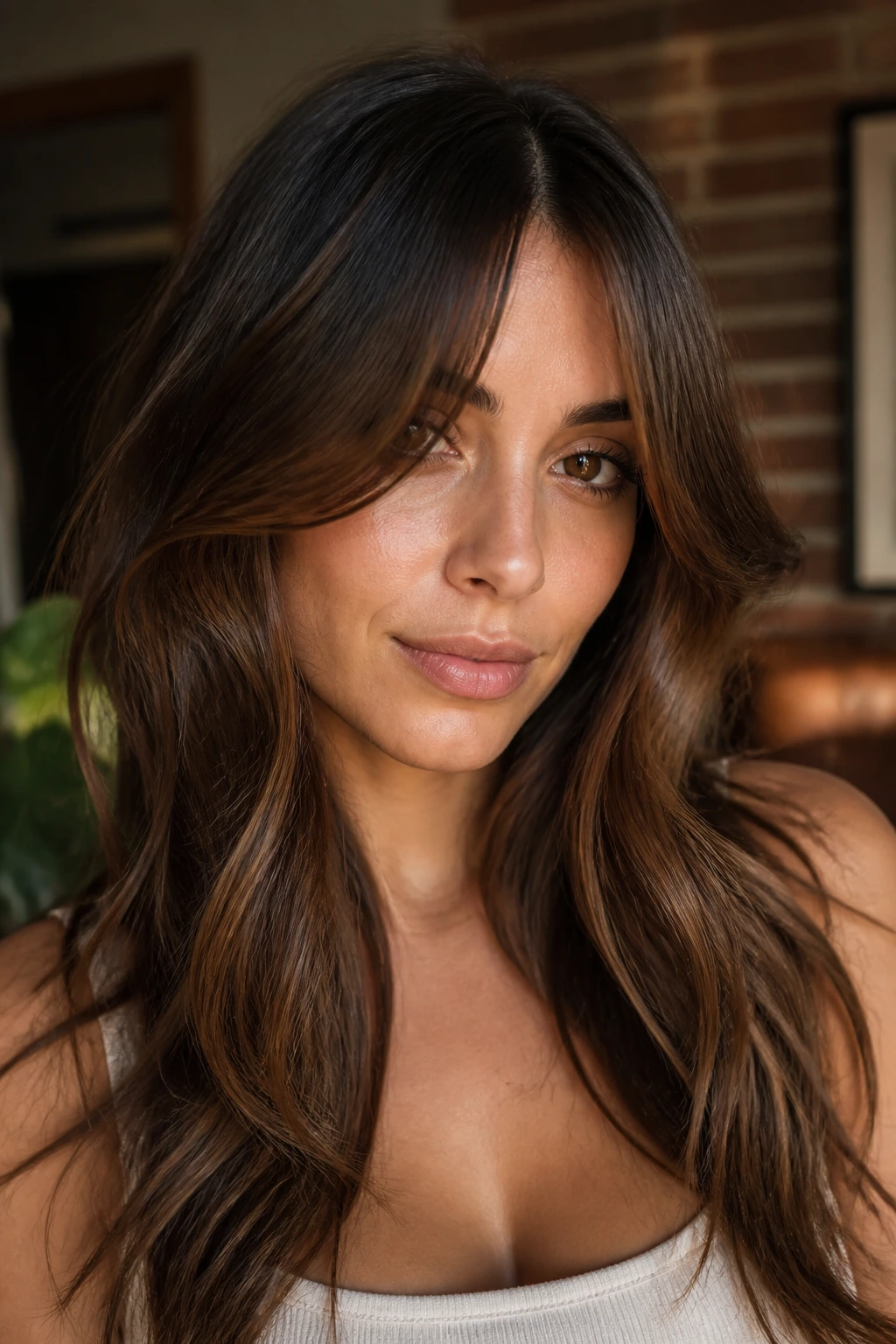 Close-up portrait of a real person with bottleneck curtain bangs