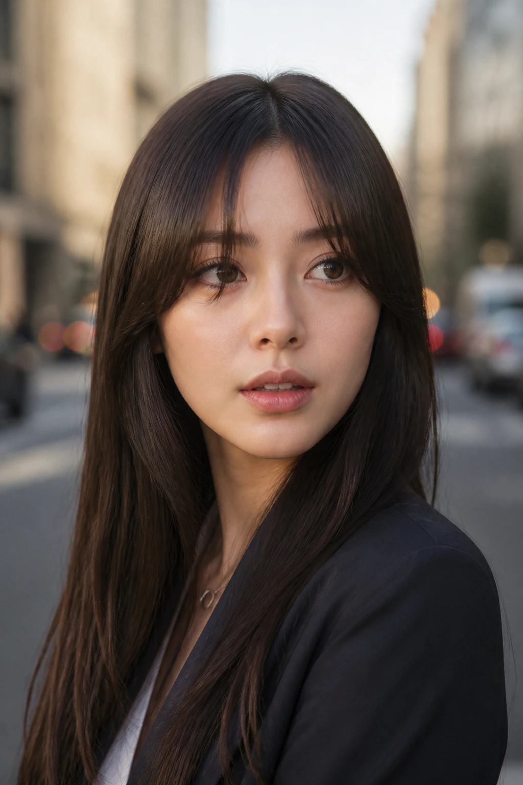 Portrait of a real person with bottleneck curtain bangs in outdoor light