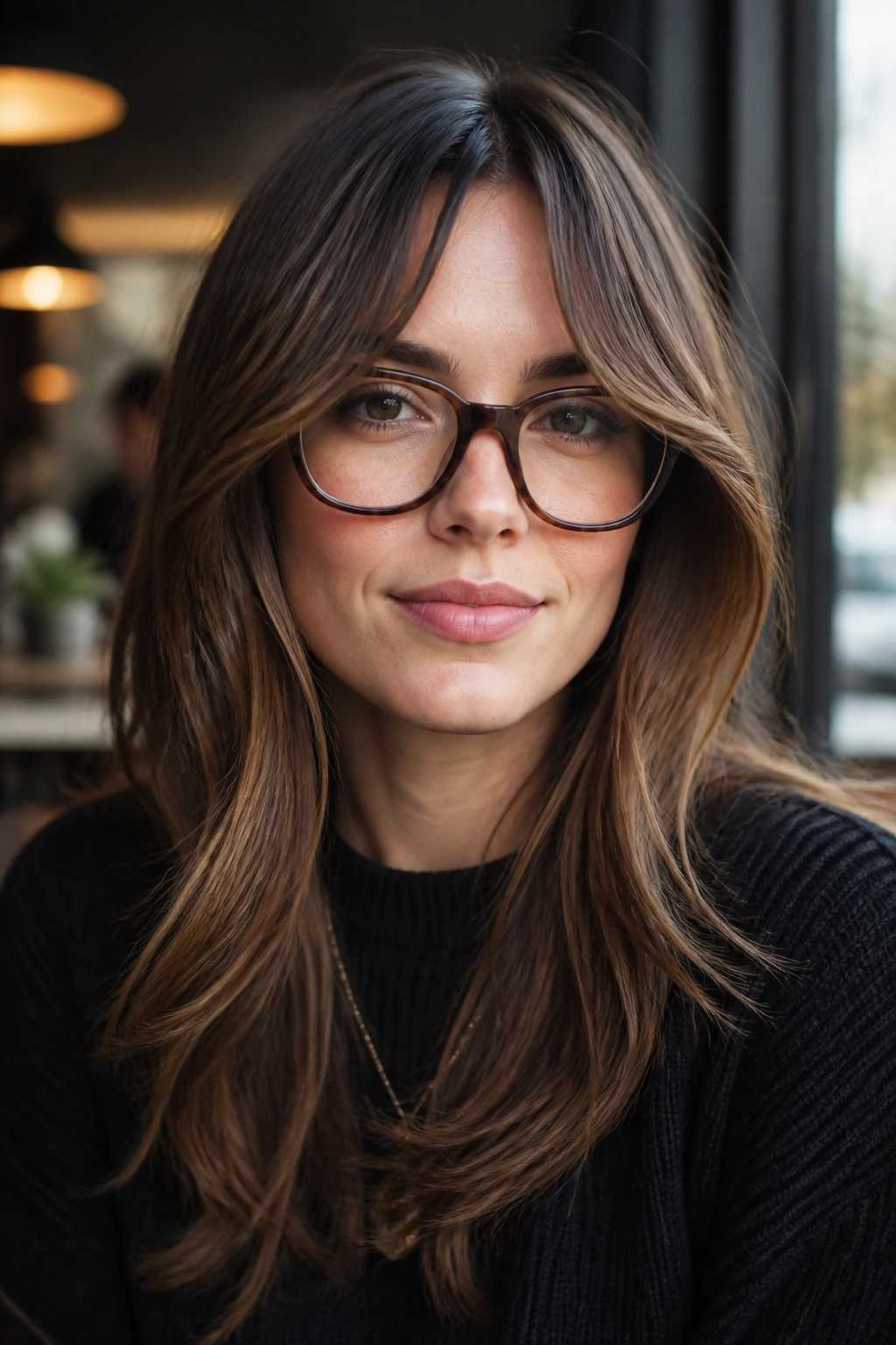 Portrait of a woman with bottleneck bangs and square frames