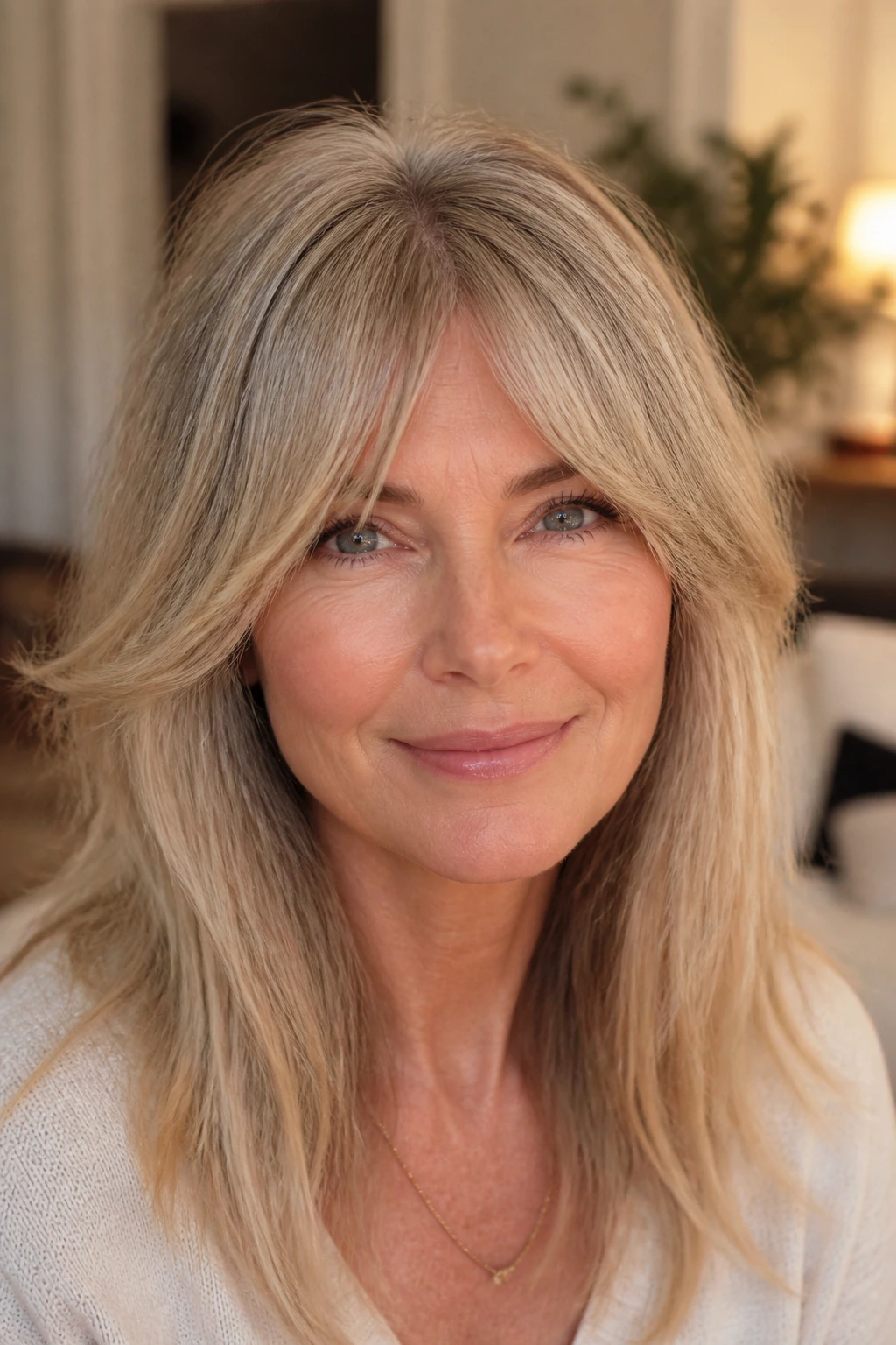 Close-up of a real woman with bottleneck feathered bangs in a warm living room