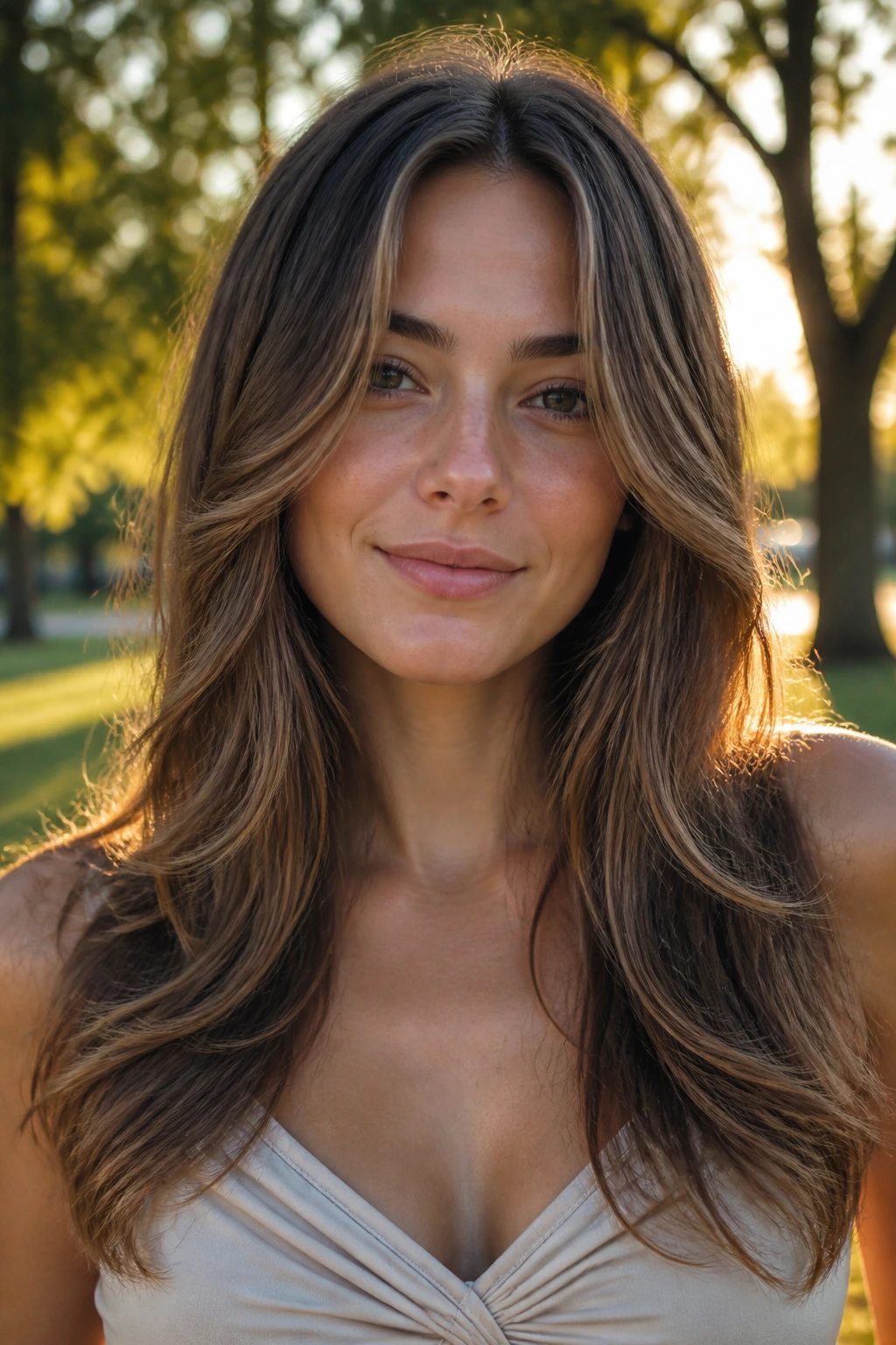 Close-up of a real woman with bottleneck frame blend in an outdoor park during golden hour