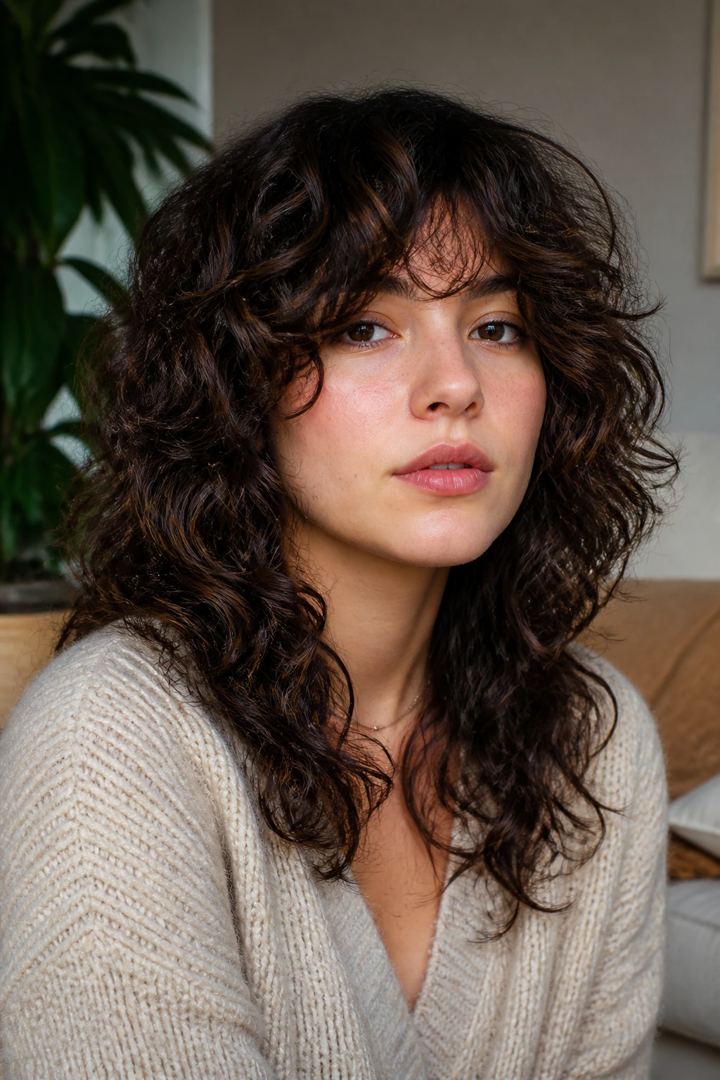 Close-up real person bottleneck fringe balance wolf cut in cozy living room