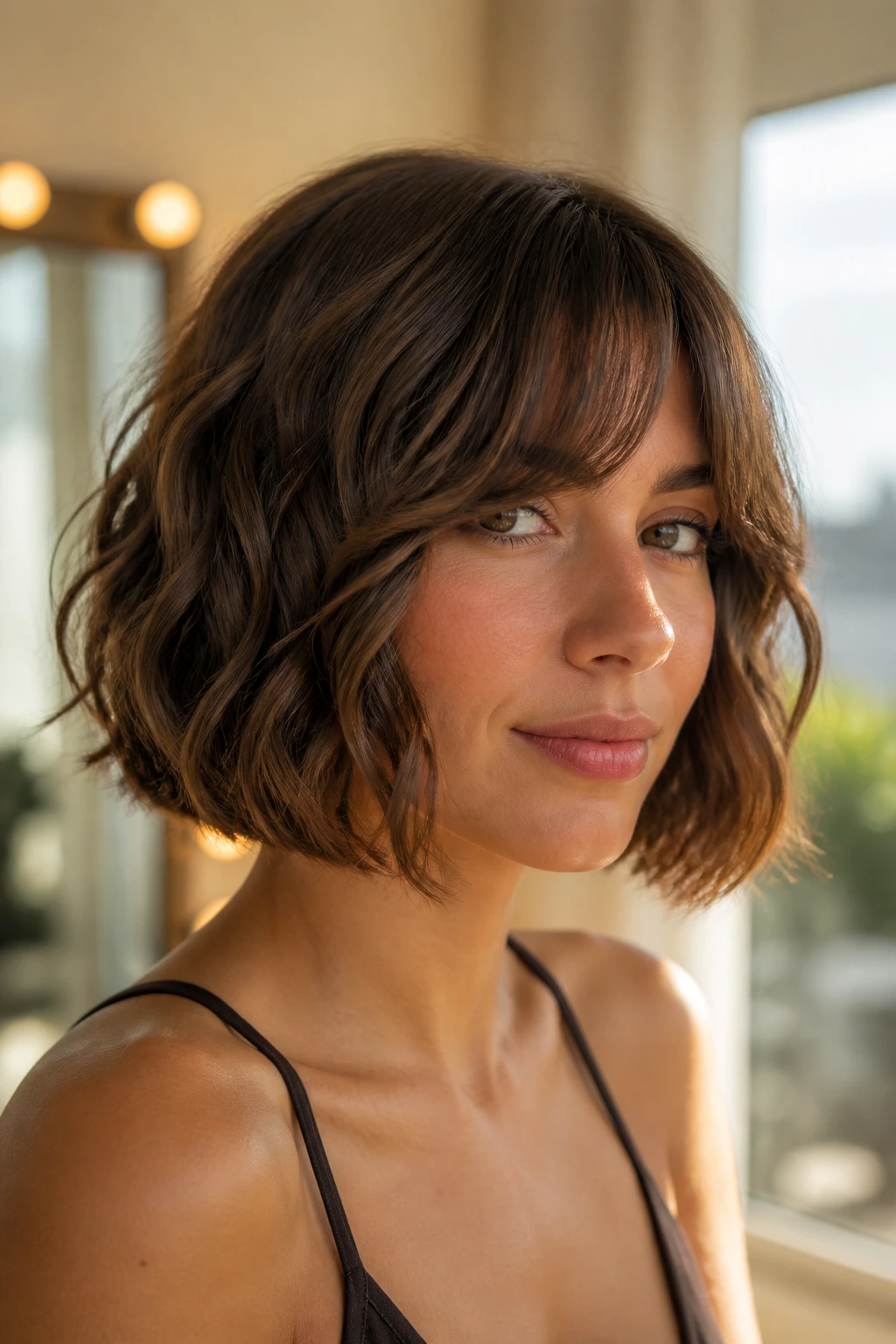 Close-up of bottleneck fringe Italian bob on a real person in a sunlit dressing room