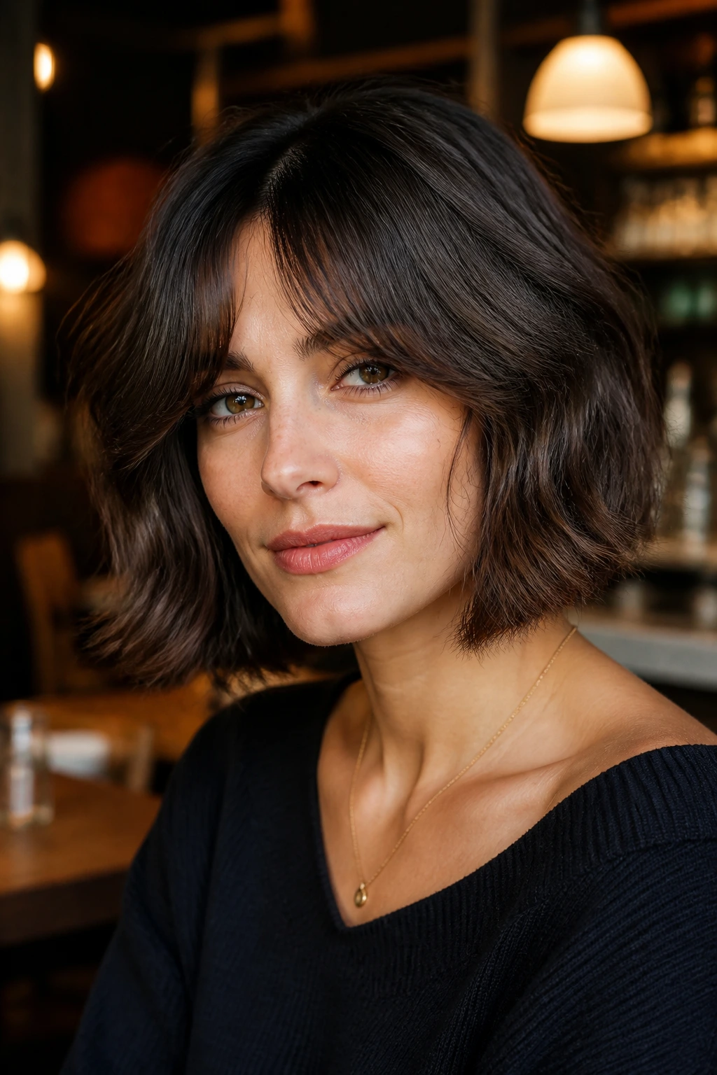 Close-up of a real woman with bottleneck fringe bob under warm cafe lighting