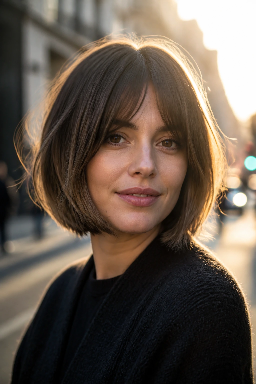 Portrait of a real woman with bottleneck fringe bob at golden hour
