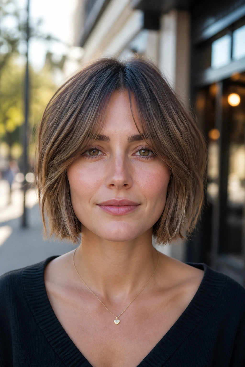 Close-up portrait of a real woman with bottleneck fringe bob showing narrow center fringe.