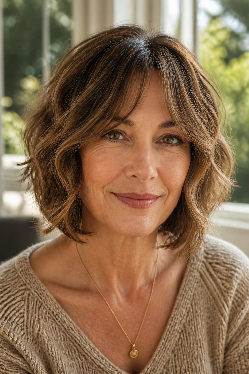 Close-up of a real woman with bottleneck fringe bob in warm window light.