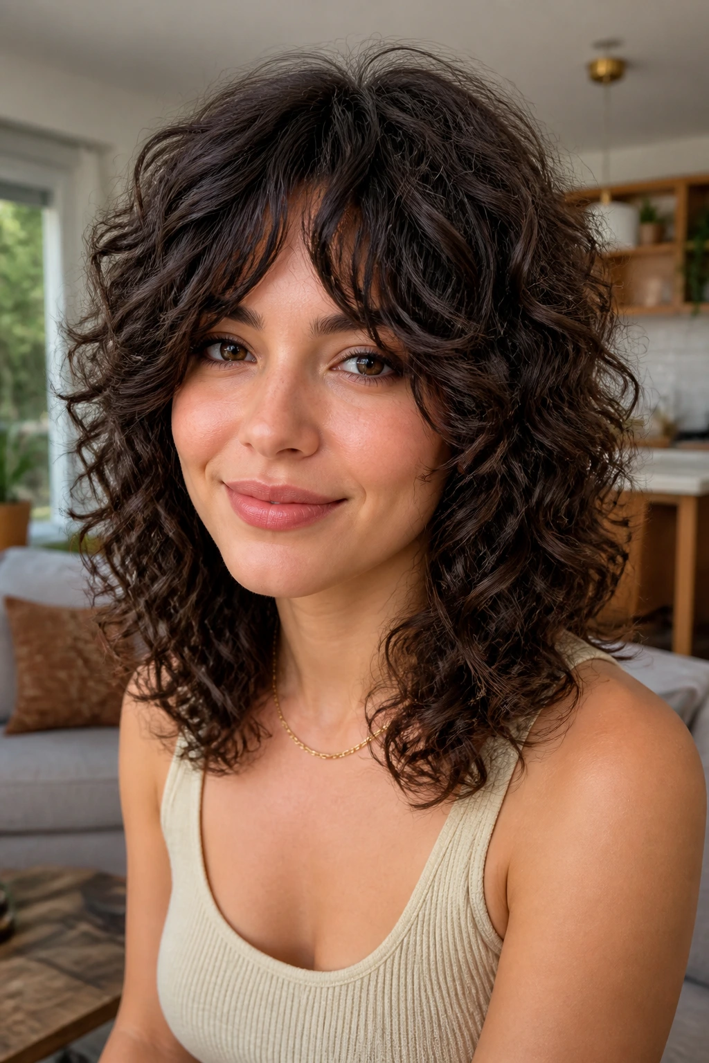 Close-up of a real woman with bottleneck fringe curly shag shoulder-length curls
