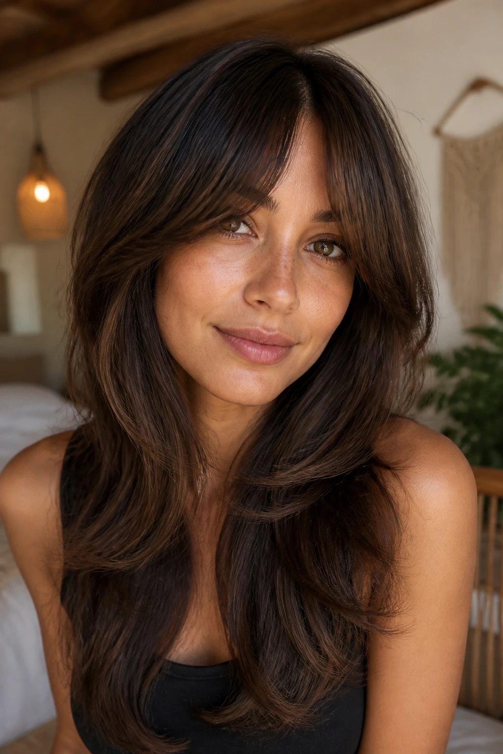 Close-up of a woman with bottleneck fringe and feathered length