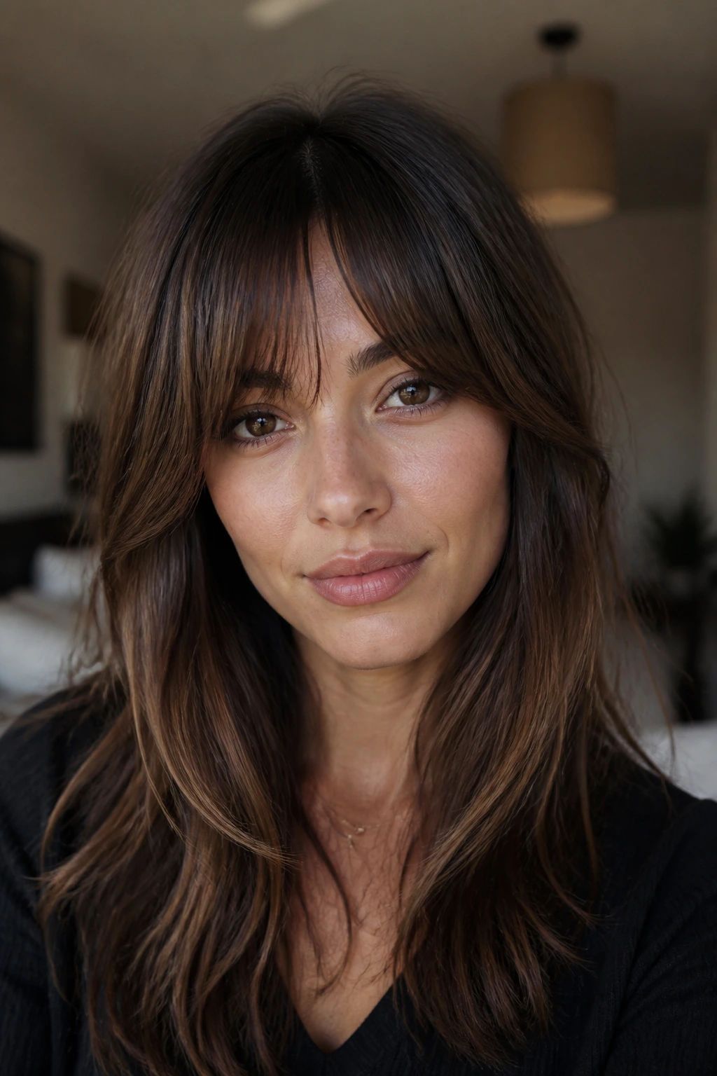Real woman with bottleneck fringe layered haircut narrowing center, wide sides.