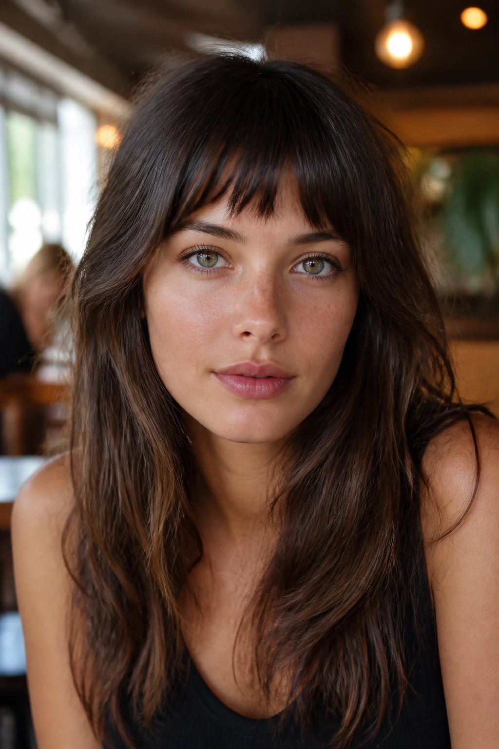 Close-up of a real person with a bottleneck fringe in warm cafe lighting