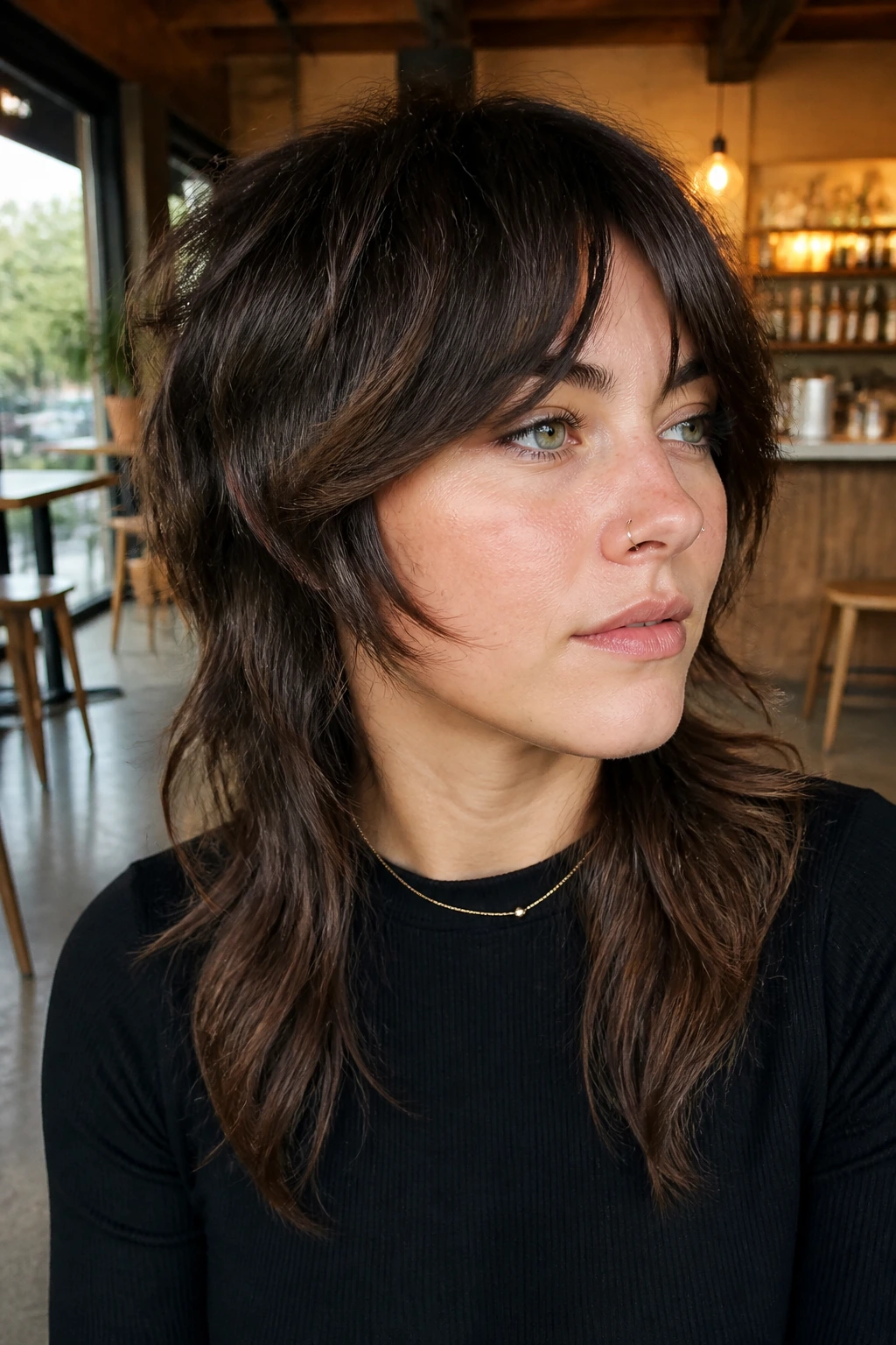 Close-up of a real woman with Bottleneck Fringe Mullet Shag showing a narrow middle fringe opening toward temples.