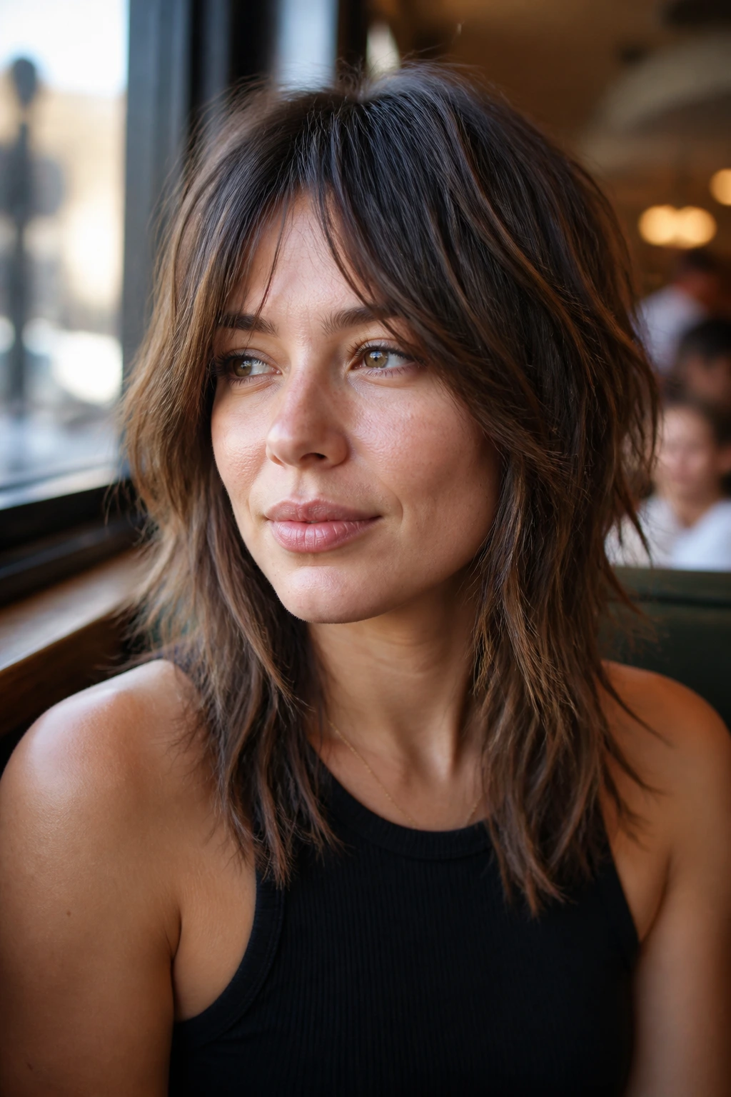 Close-up of a real woman with bottleneck fringe blending into shag.
