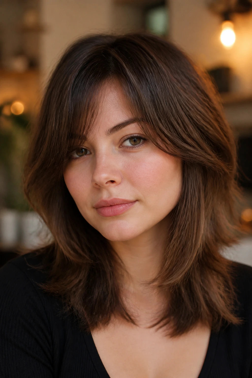 Close-up portrait of a real woman with bottleneck fringe shag and side part