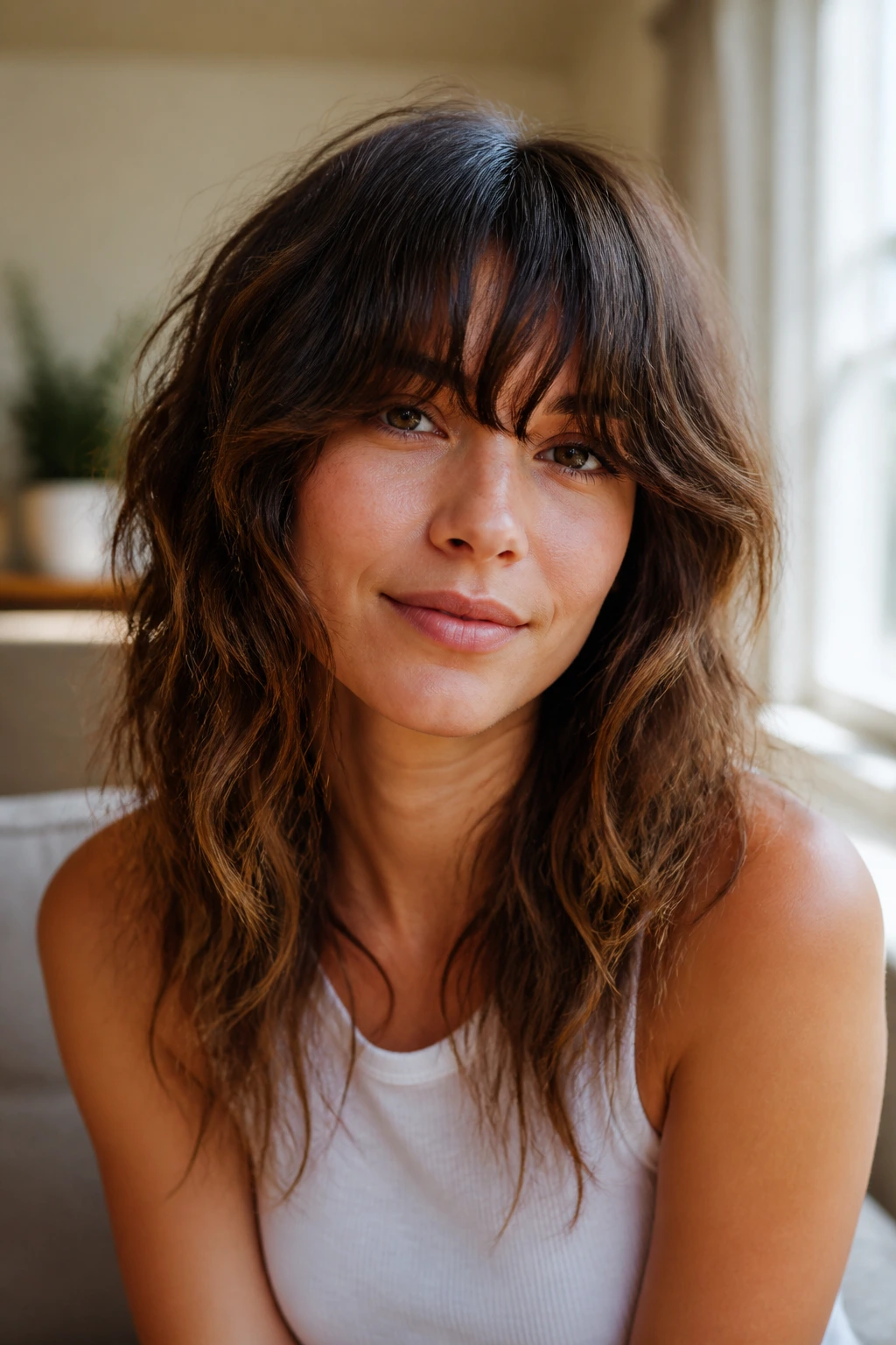 Close-up portrait of real person with bottleneck fringe hairstyle just below brows center