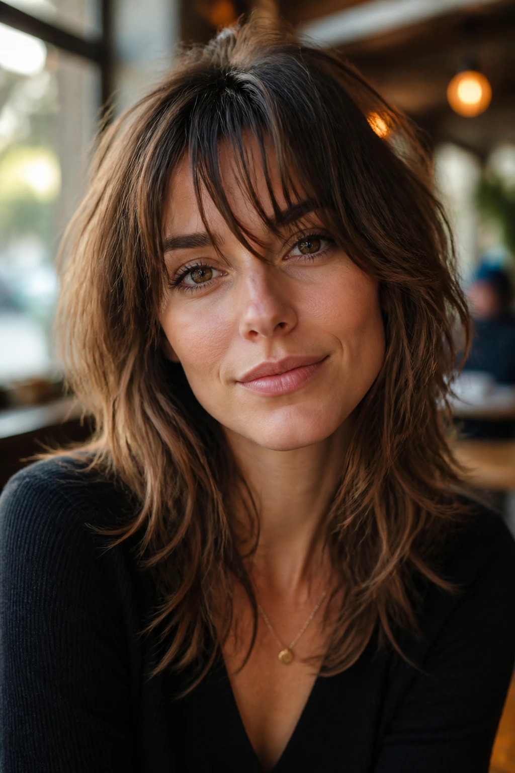 Portrait of a real woman with a tousled bottleneck-fringe shag