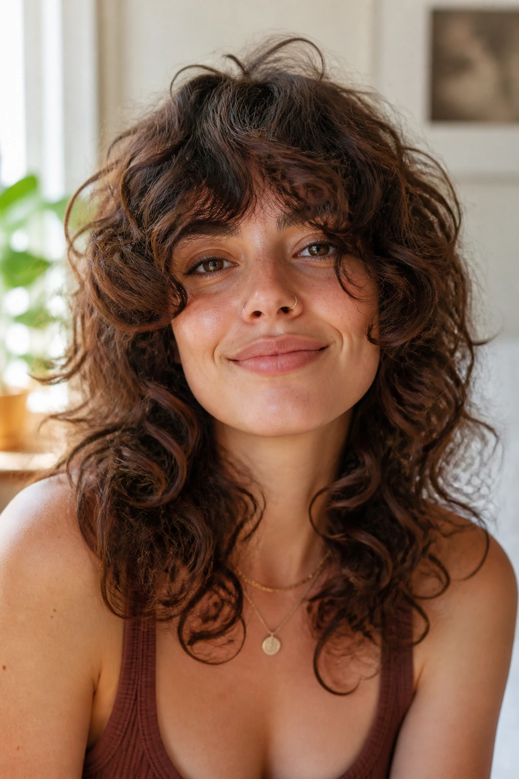 Real woman with bottleneck fringe and lifted curls in a medium shag