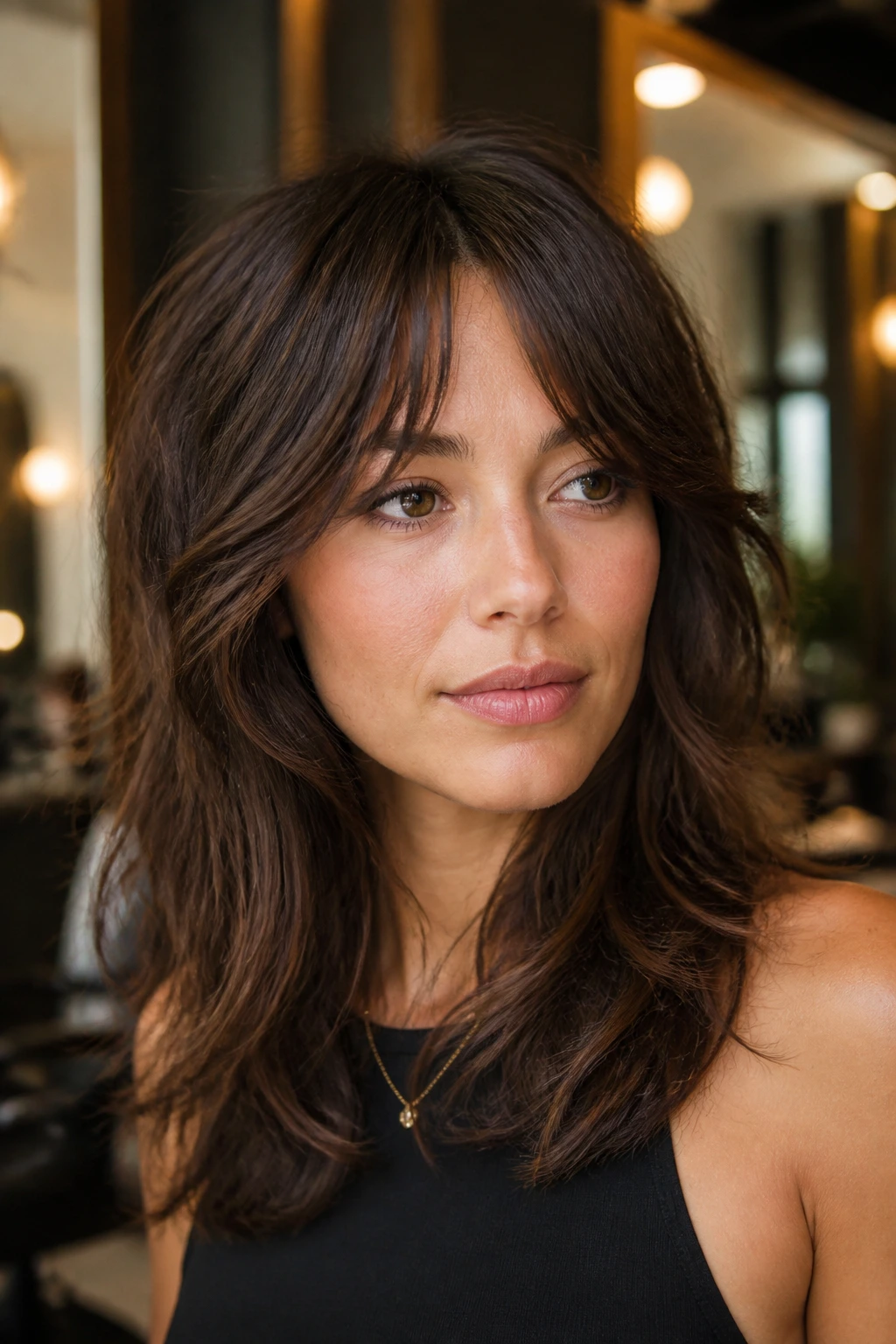 Portrait of a woman with bottleneck fringe and shag layers in a warm salon.